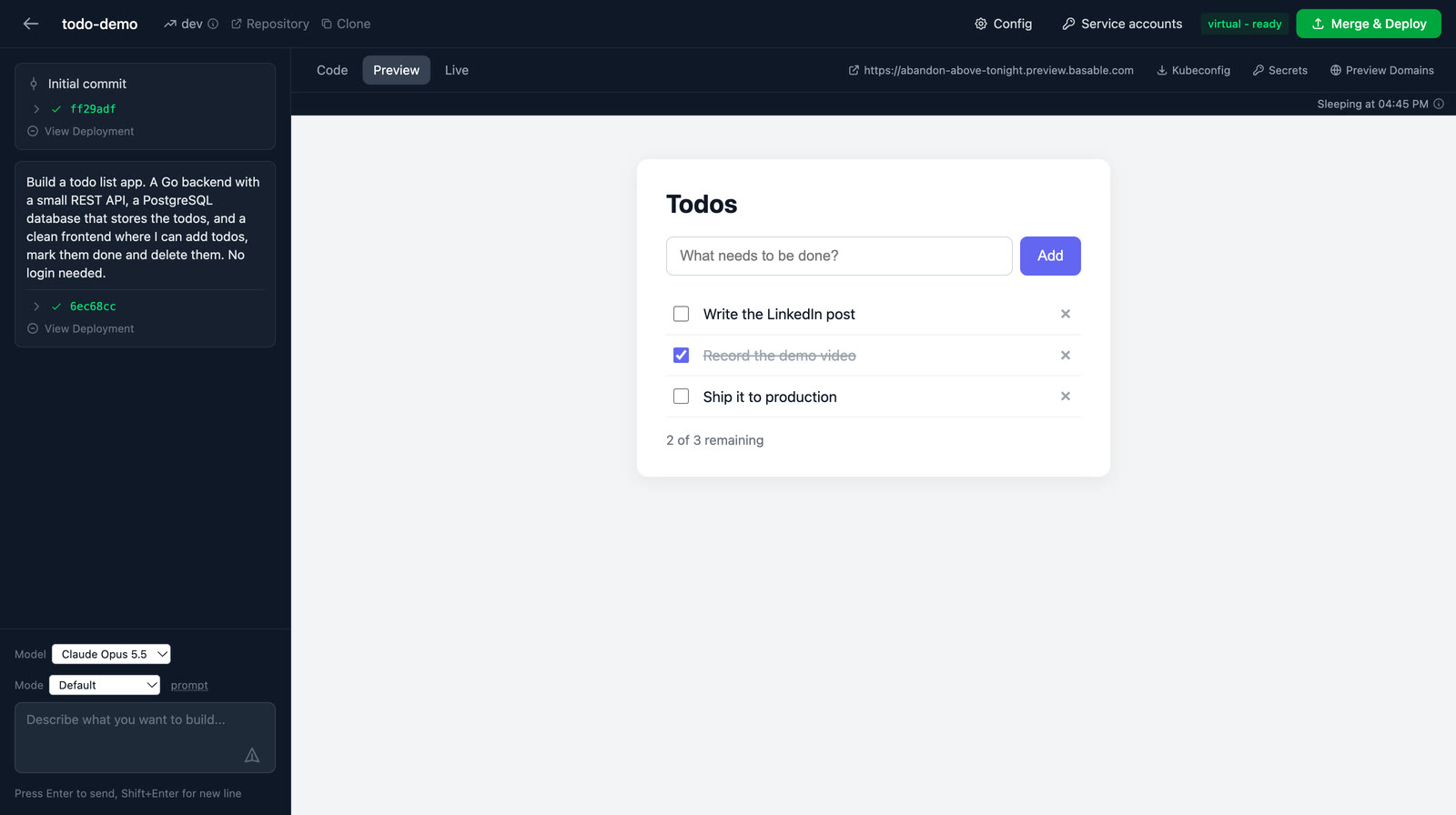 The todo app running in the preview