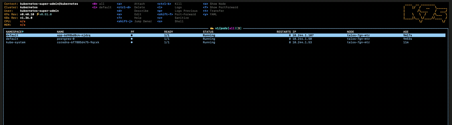 k9s on the preview cluster: the app, Postgres and the cluster&rsquo;s DNS